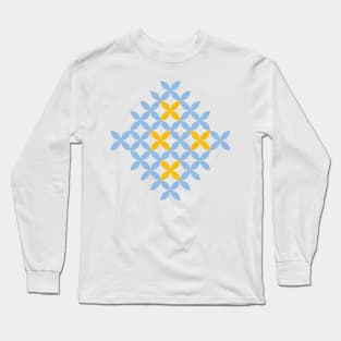 Eastern European light blue and yellow stitches folk art pattern Long Sleeve T-Shirt